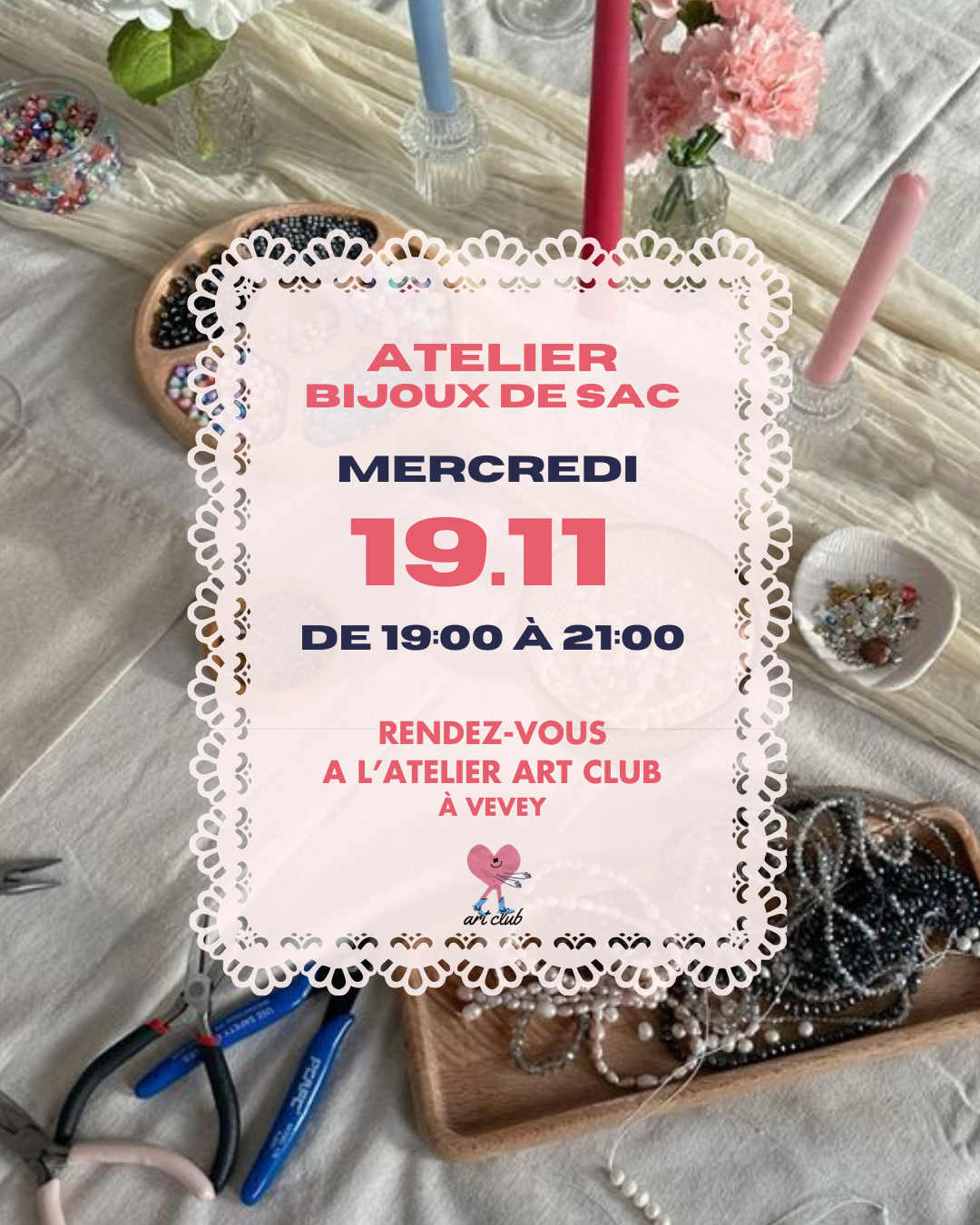 Mercredi 19 novembre 2025 - Atelier bijoux de sac - A L'atelier Art Club Vevey -